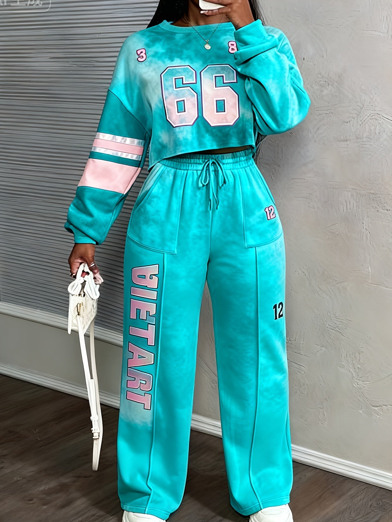 Printed Casual Cropped Sweatshirt And Wide-leg Pants Set