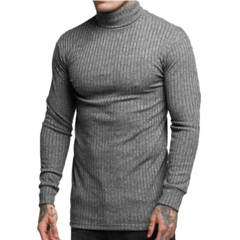 Casual Men's Fashion Solid Color High-neck Twisted Stripe Knit Sweater Slim Fit Knitwear
