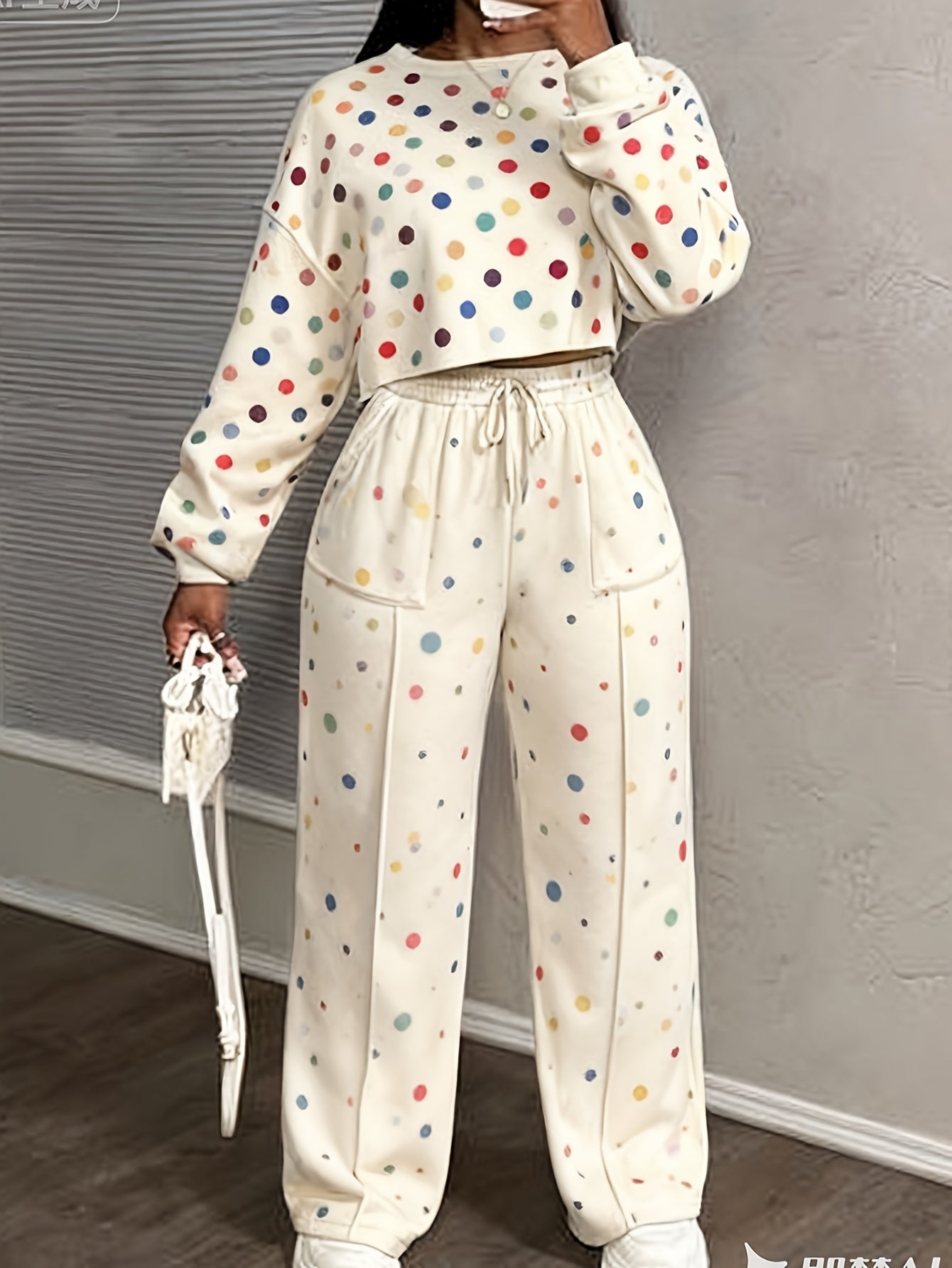Printed Casual Cropped Sweatshirt And Wide-leg Pants Set