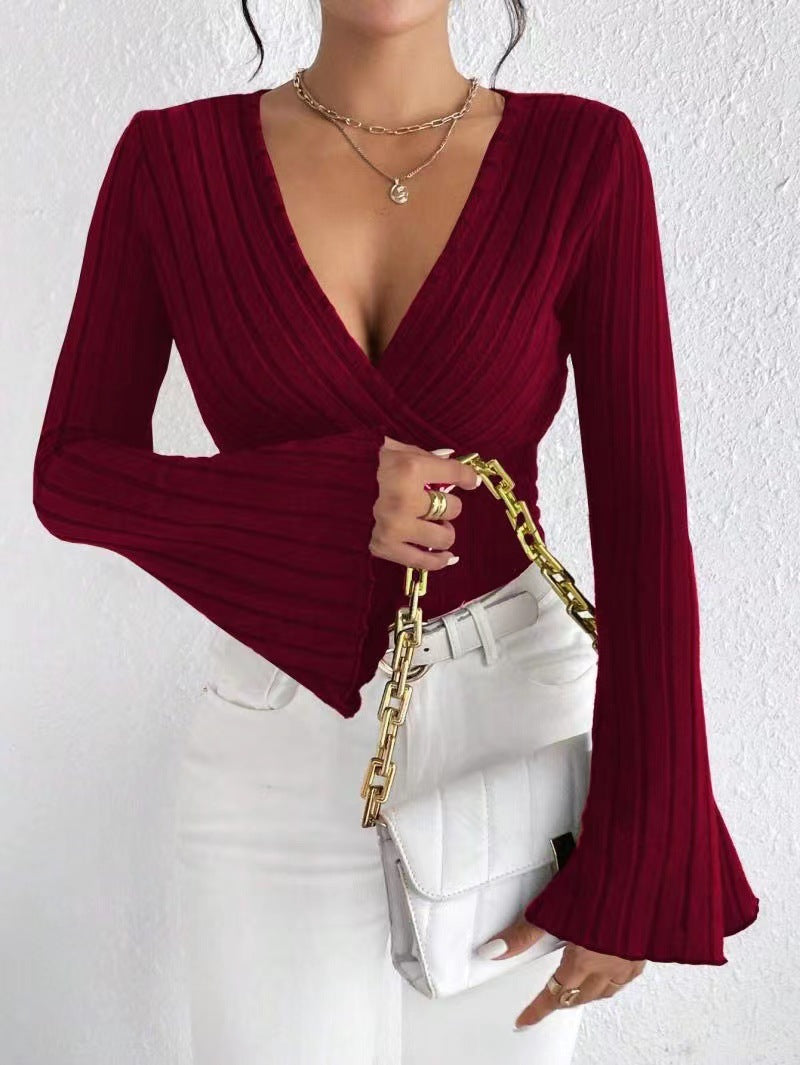 Women's Autumn And Winter Rib Sunken Stripe V-neck Flared Slim-fit Long Sleeve T-shirt Elegant Women's Top