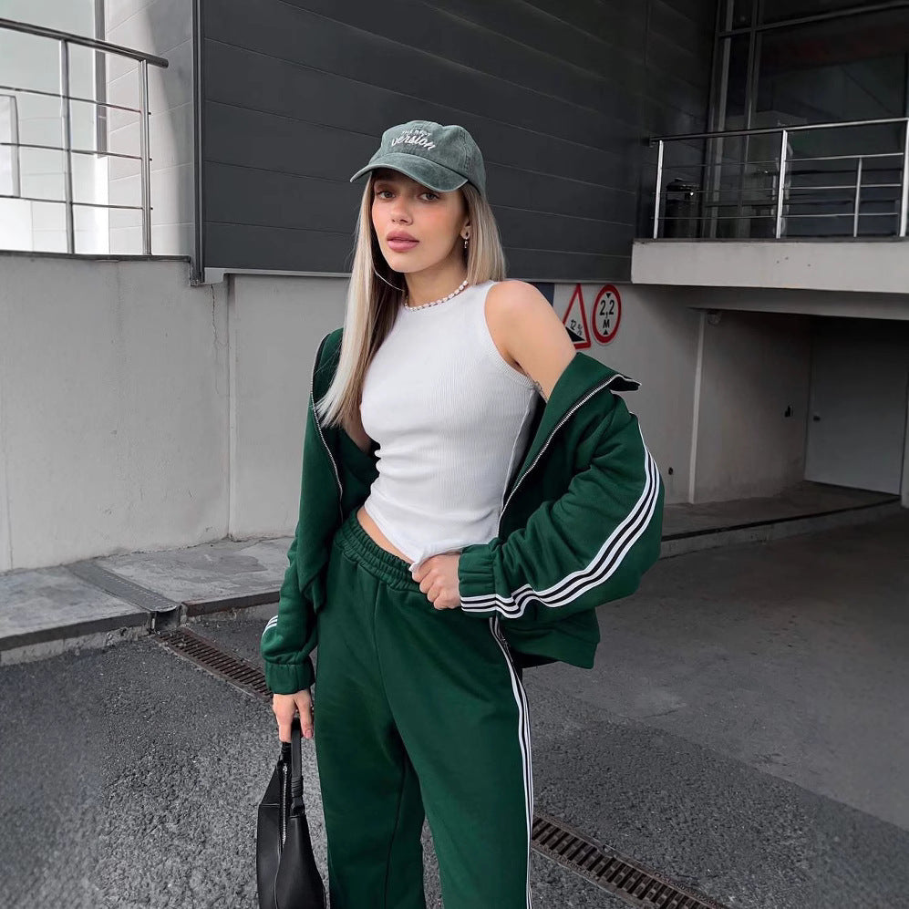 Women's Casual Hooded Jacket Loose Color-block Striped Pants Two-piece Set