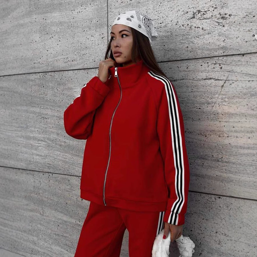 Women's Casual Hooded Jacket Loose Color-block Striped Pants Two-piece Set