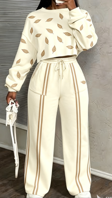 Printed Casual Cropped Sweatshirt And Wide-leg Pants Set