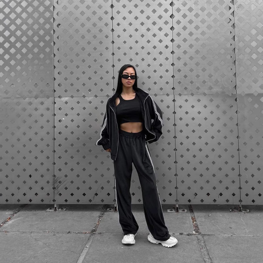 Women's Casual Hooded Jacket Loose Color-block Striped Pants Two-piece Set