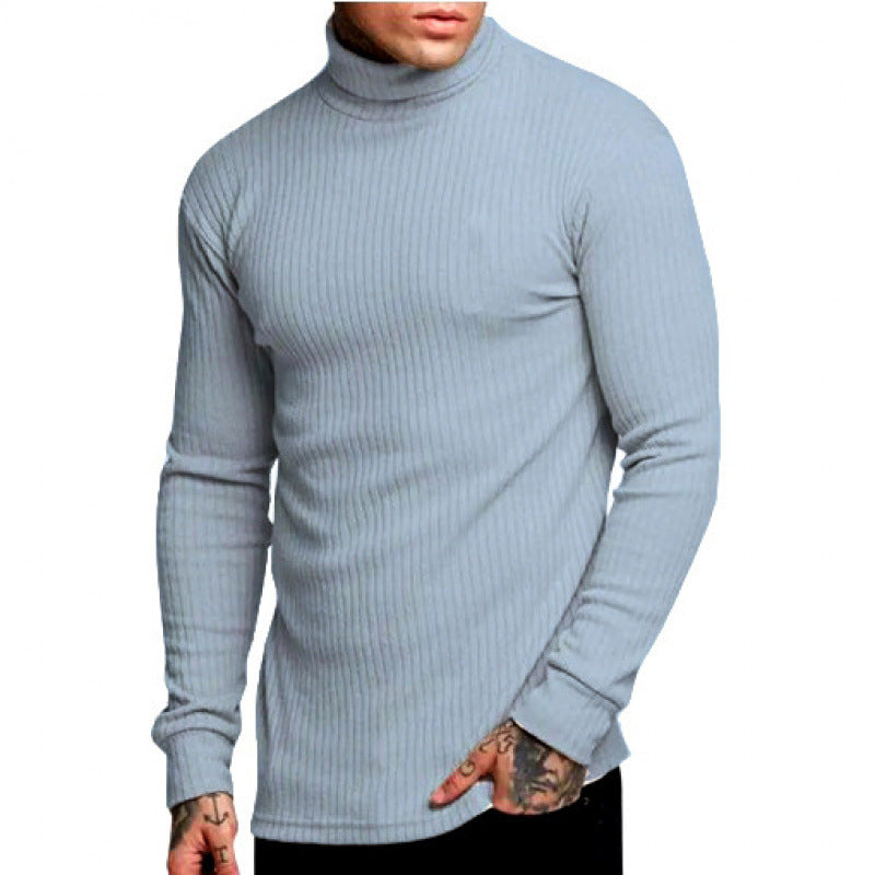 Casual Men's Fashion Solid Color High-neck Twisted Stripe Knit Sweater Slim Fit Knitwear