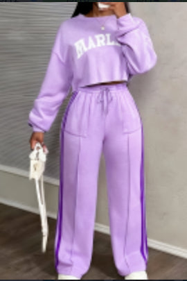 Printed Casual Cropped Sweatshirt And Wide-leg Pants Set