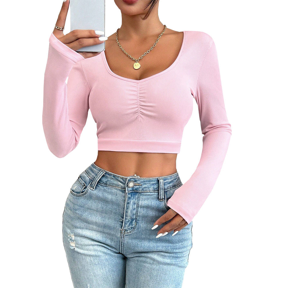 Best-selling Sweet And Spicy Pure Desire Style T-shirt Autumn And Winter U-neck Slim-fit Long-sleeved Top