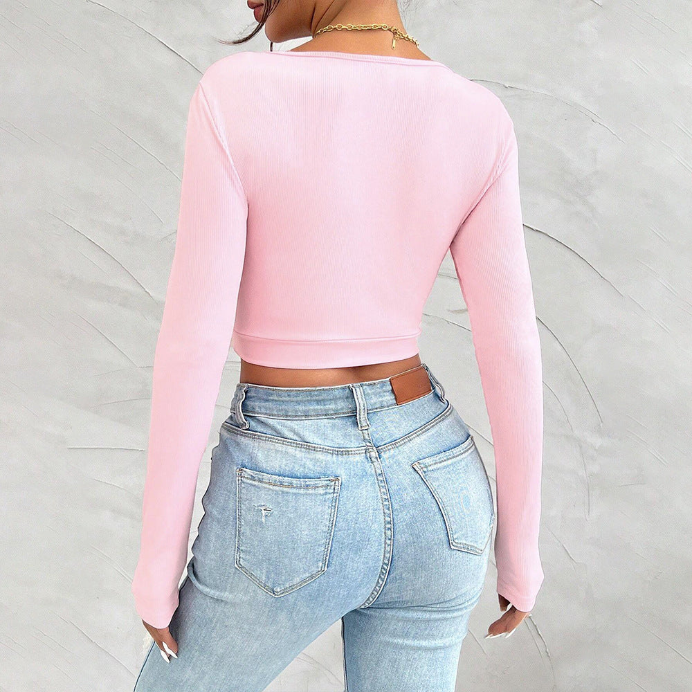 Best-selling Sweet And Spicy Pure Desire Style T-shirt Autumn And Winter U-neck Slim-fit Long-sleeved Top